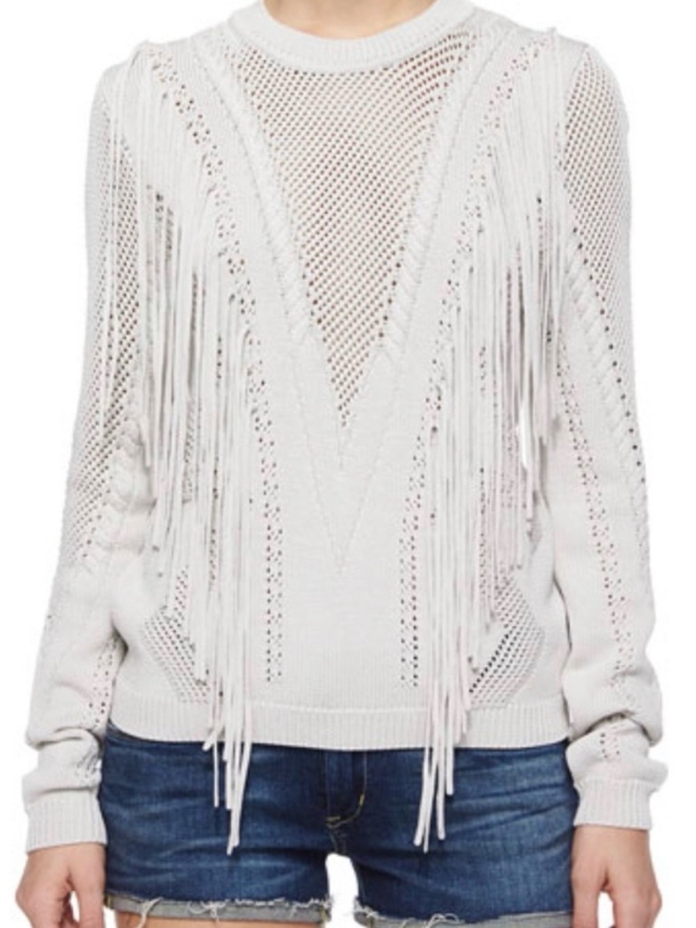 Ronny Kobo Tilda Fringe Open Knit Pointelle Sweater XS Light Gray Boho Crochet